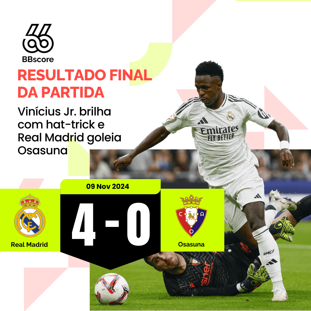 Vinícius Jr. shines with a hat-trick as Real Madrid thrashes Osasuna.